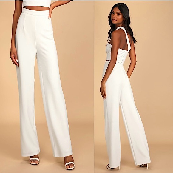 Lulus Flaunt It Like That Straight Leg High Waist Trouser Pant, Off White, L,NWT - Picture 1 of 16